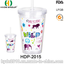 16oz parede dupla copo plástico com canudo para promoção (HDP-2015)
